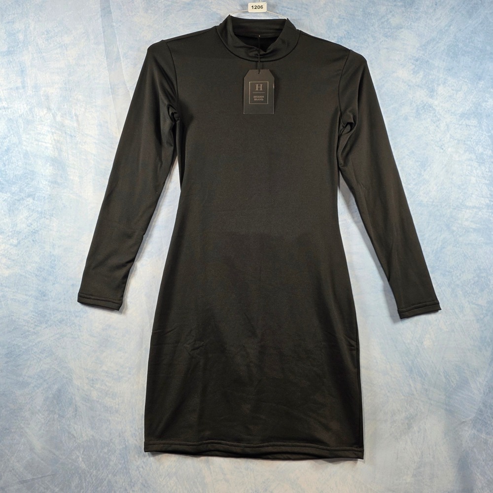 Hidden Brand Womens Black Mock Neck Open Back Long Sleeve Mini Bodycon Dress L